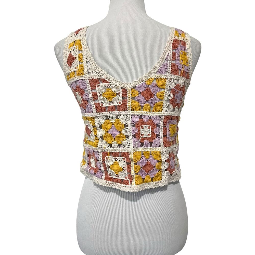 Coldwater Creek 100% Linen Top Open Weave Sweater Crochet Lace Short Sleeve Sz M - Picture 5 of 12